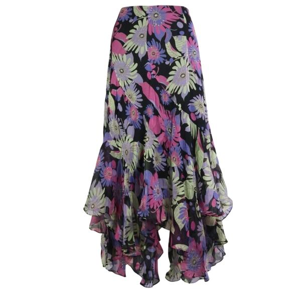 Vintage y2k Silk Fairy Asymmetric Midi Skirt Size 14 Floral Maximalist Vibrant - Picture 1 of 10